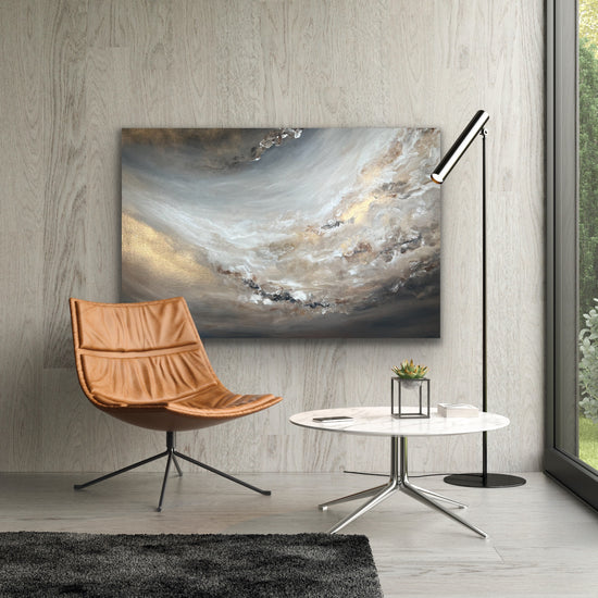 Abstrakt canvasmålning av Tove Berglund, målad i grått, svart, vitt och guld, 100 x 120 cm. Abstrakt tavla till ditt företag, konst till lunchrum, kontor, entré. Specialbeställd efter mina behov och önskemål.